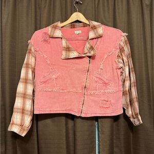 Pol Pink Plaid Accent Denim Jacket with Distressing, Size S